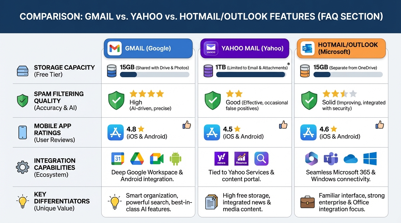 Comparison table showing Gmail vs Yahoo vs Hotmail/Outlook features including storage capacity (15GB vs competitors), spam filtering quality, mobile app ratings, integration capabilities, and key differentiators