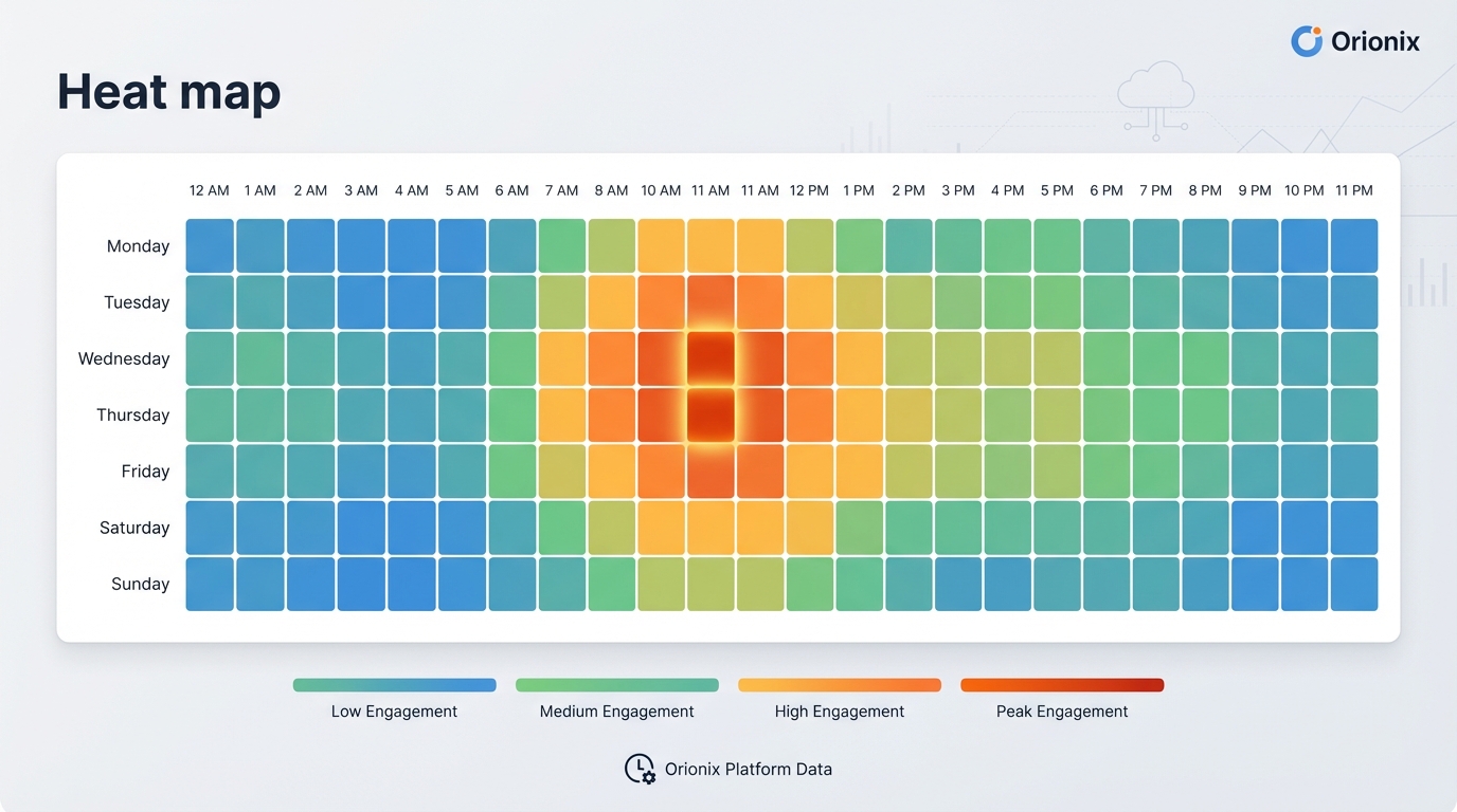 Heat map or bar chart showing Instagram engagement levels by day of week and time of day, highlighting Tuesday-Friday 9 AM-1 PM with peak at 11 AM
