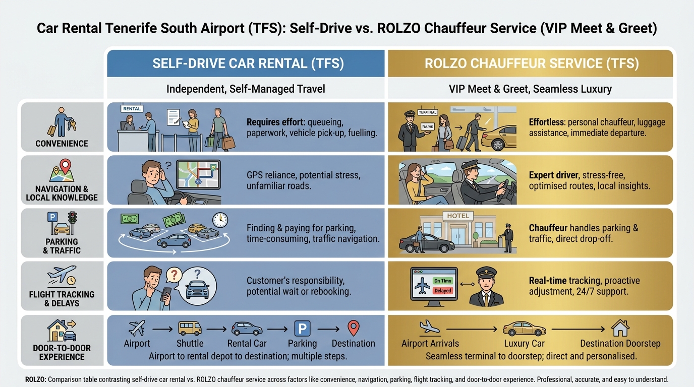 Comparison table contrasting self-drive car rental vs. ROLZO chauffeur service across factors like convenience, navigation, parking, flight tracking, and door-to-door experience