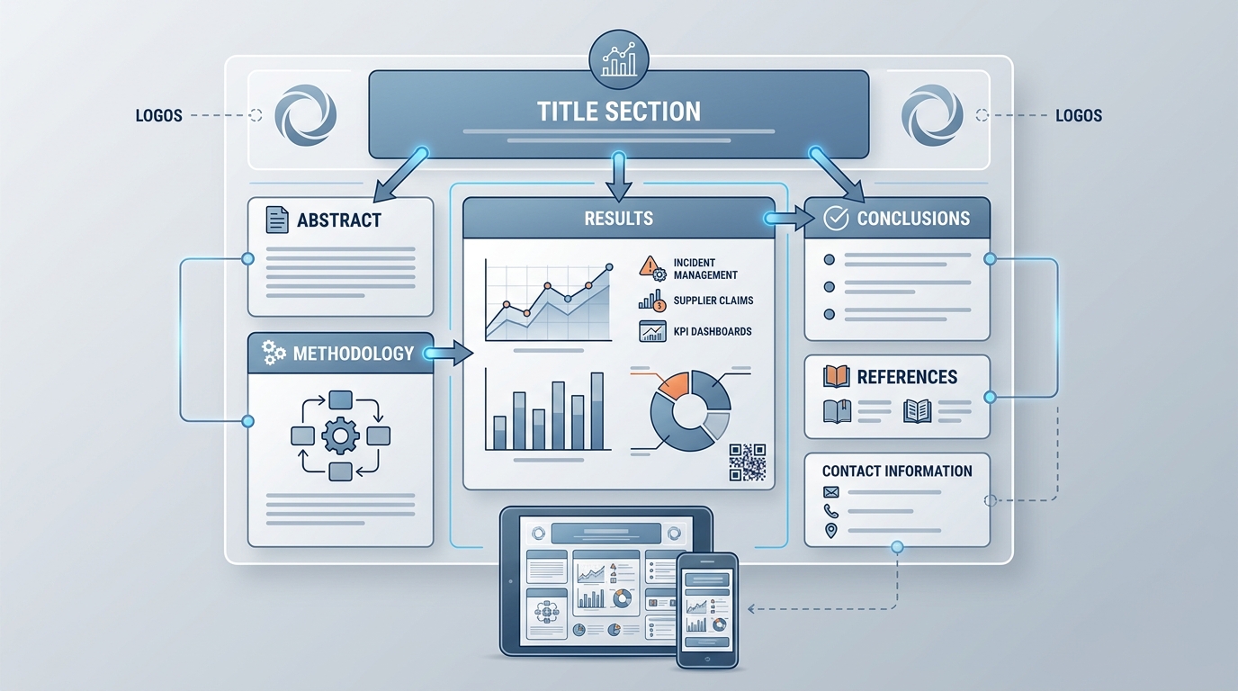 Annotated diagram of a poster layout showing the placement of key elements: title section, abstract, methodology, results, conclusions, references, logos, and contact information with visual hierarchy indicators