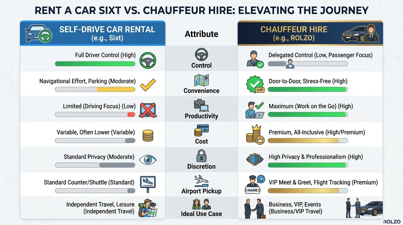 Comparison table contrasting Self-Drive Car Rental vs. Chauffeur Hire across attributes such as control, convenience, productivity, cost, discretion, airport pickup, and ideal use case (independent travel vs. business/VIP travel)
