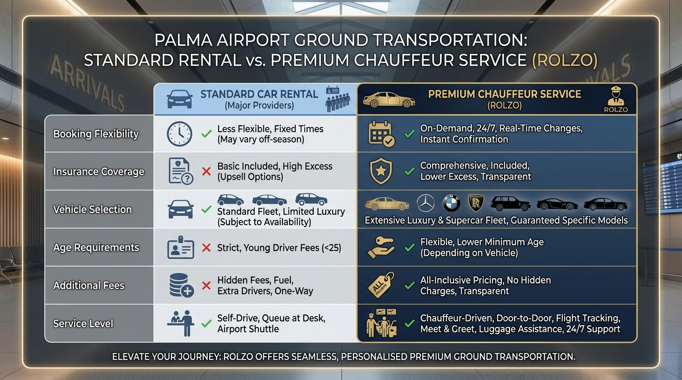Comparison table showing standard car rental vs. premium chauffeur service features (booking flexibility, insurance coverage, vehicle selection, age requirements, additional fees, service level)