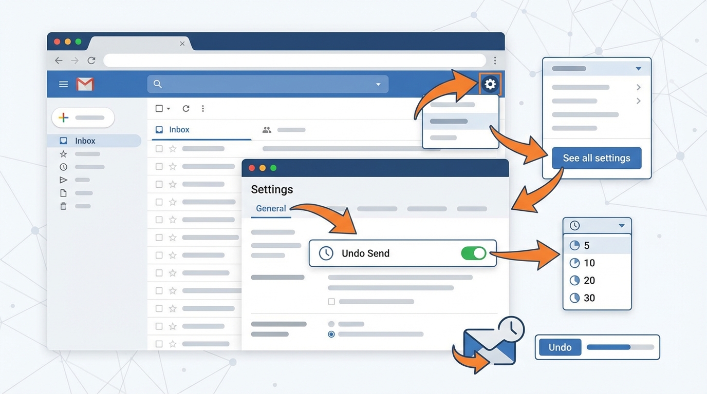 Step-by-step screenshot walkthrough showing the Gmail settings interface with arrows pointing to: gear icon, 'See all settings', 'General' tab, 'Undo Send' option, and the cancellation period dropdown menu (5, 10, 20, 30 seconds)