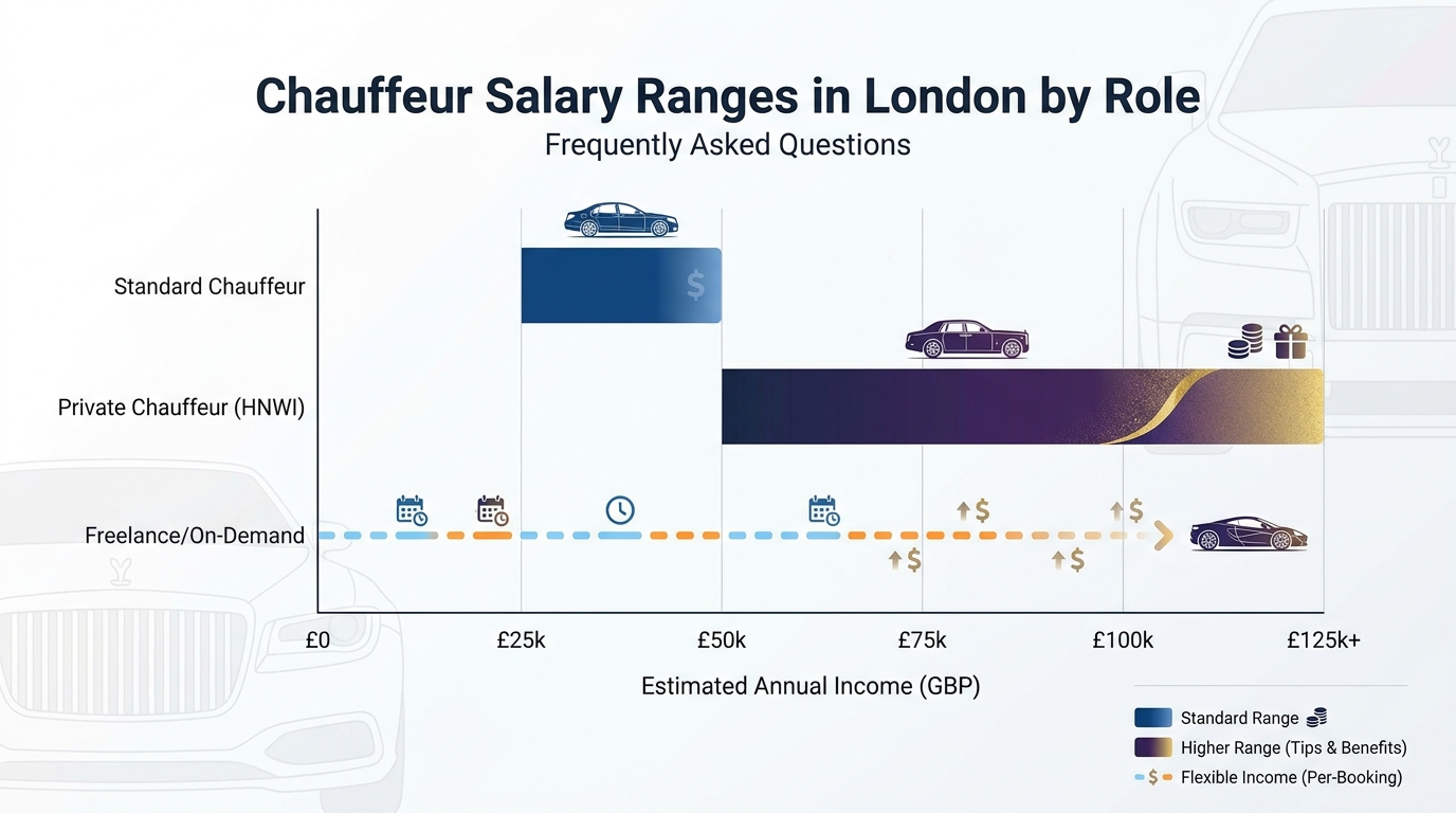 Horizontal bar chart showing salary ranges for different chauffeur roles in London: standard chauffeur (£30,000-£50,000), private chauffeur for high-net-worth individuals (higher range with tips/benefits), and freelance/on-demand (per-booking flexible income)