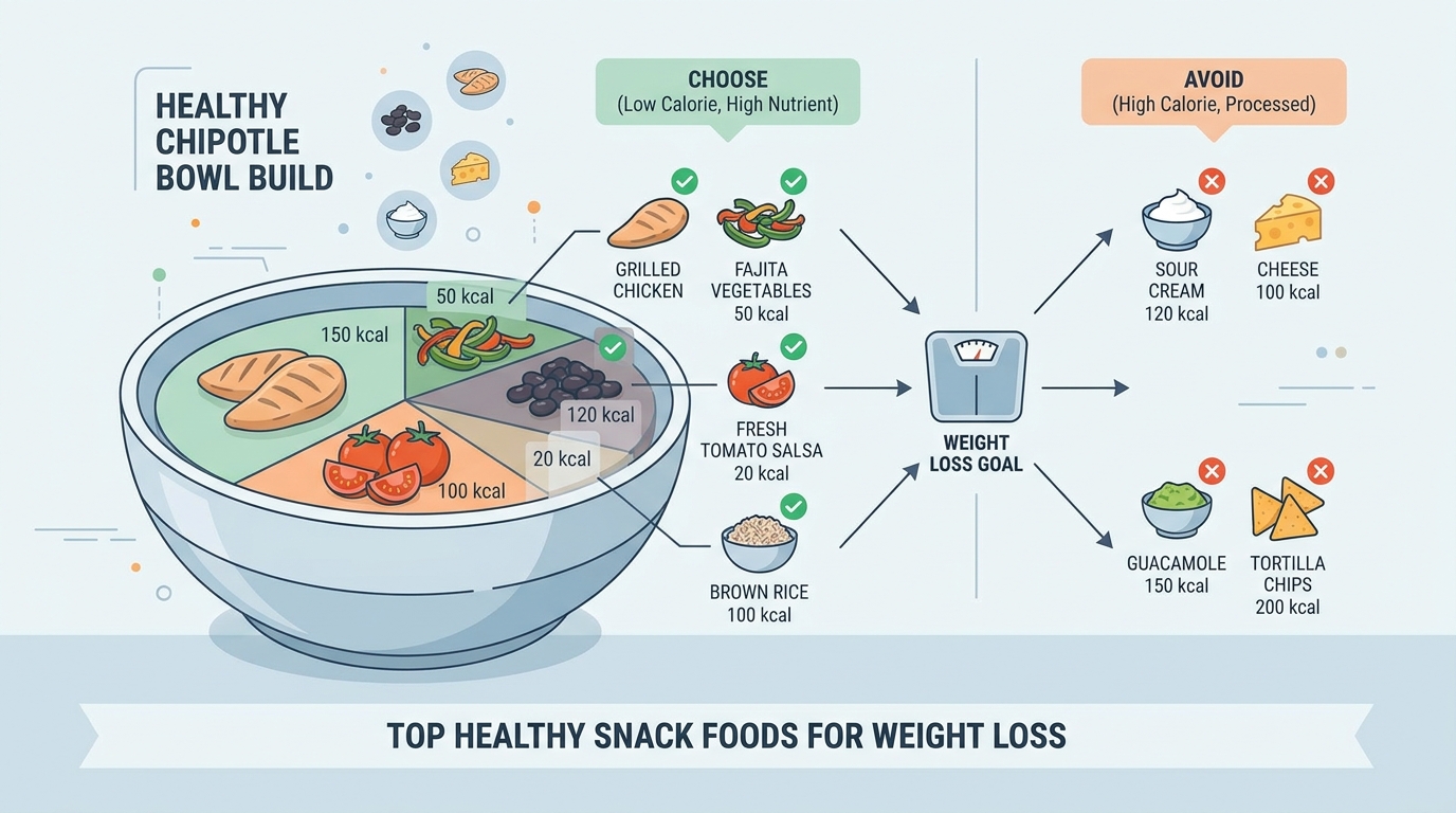 Visual guide showing a healthy Chipotle bowl build with labeled components (protein, fajita vegetables, salsa) and calorie counts, highlighting what to choose vs. avoid
