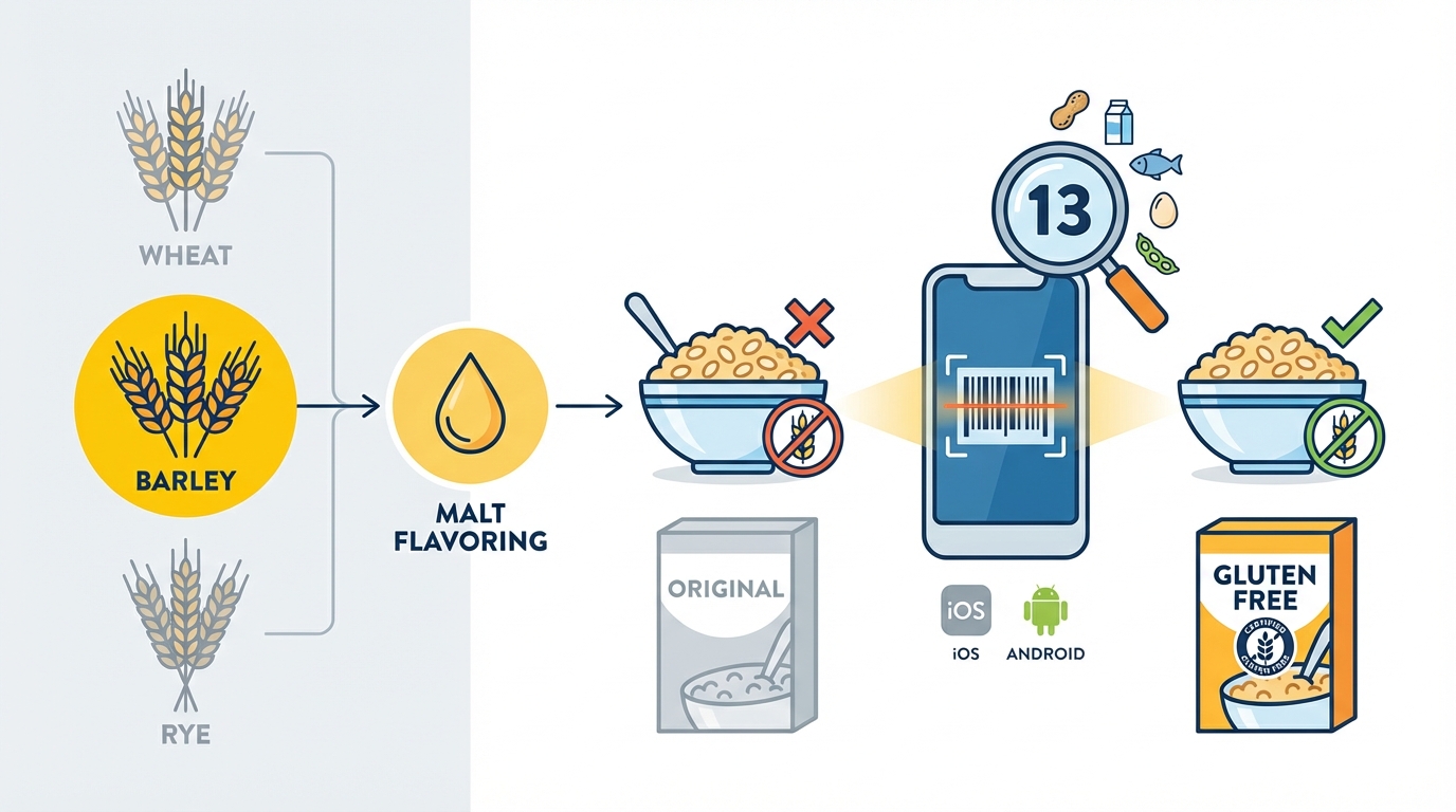 Infographic showing the gluten-containing grains (wheat, barley, rye) with barley highlighted and an arrow pointing to 'malt flavoring' ingredient, explaining the gluten connection