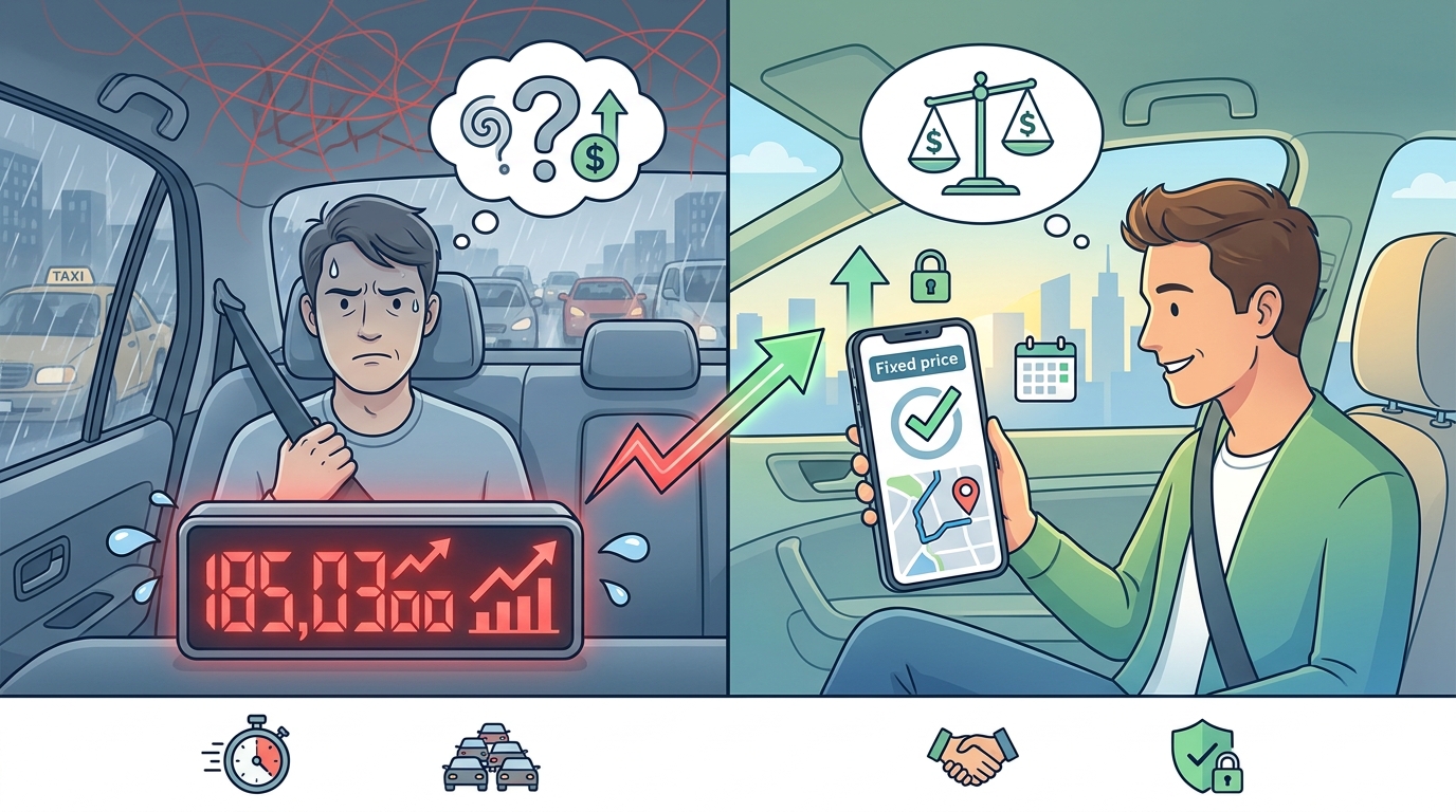 Split illustration contrasting the anxiety of a rising taxi meter in traffic versus a calm, confident traveler viewing a fixed upfront fare on their phone before the trip