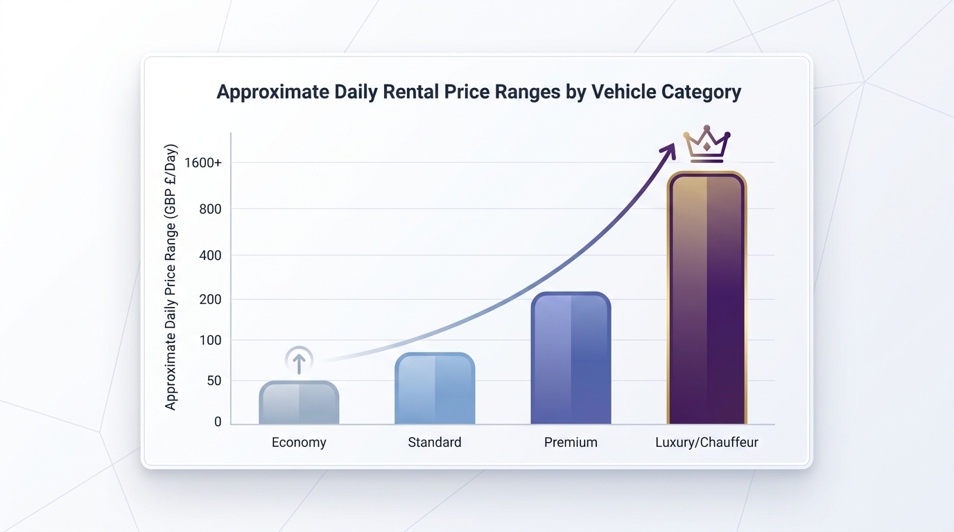 Bar chart comparing approximate daily rental price ranges by vehicle category: economy (~£30/day), standard, premium, and luxury/chauffeur, illustrating how costs scale with vehicle tier.