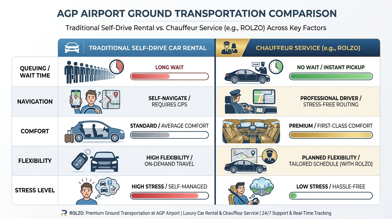Side-by-side comparison table contrasting traditional self-drive car rental vs. chauffeur service at AGP airport across factors like queuing/wait time, navigation, comfort, flexibility, and stress level