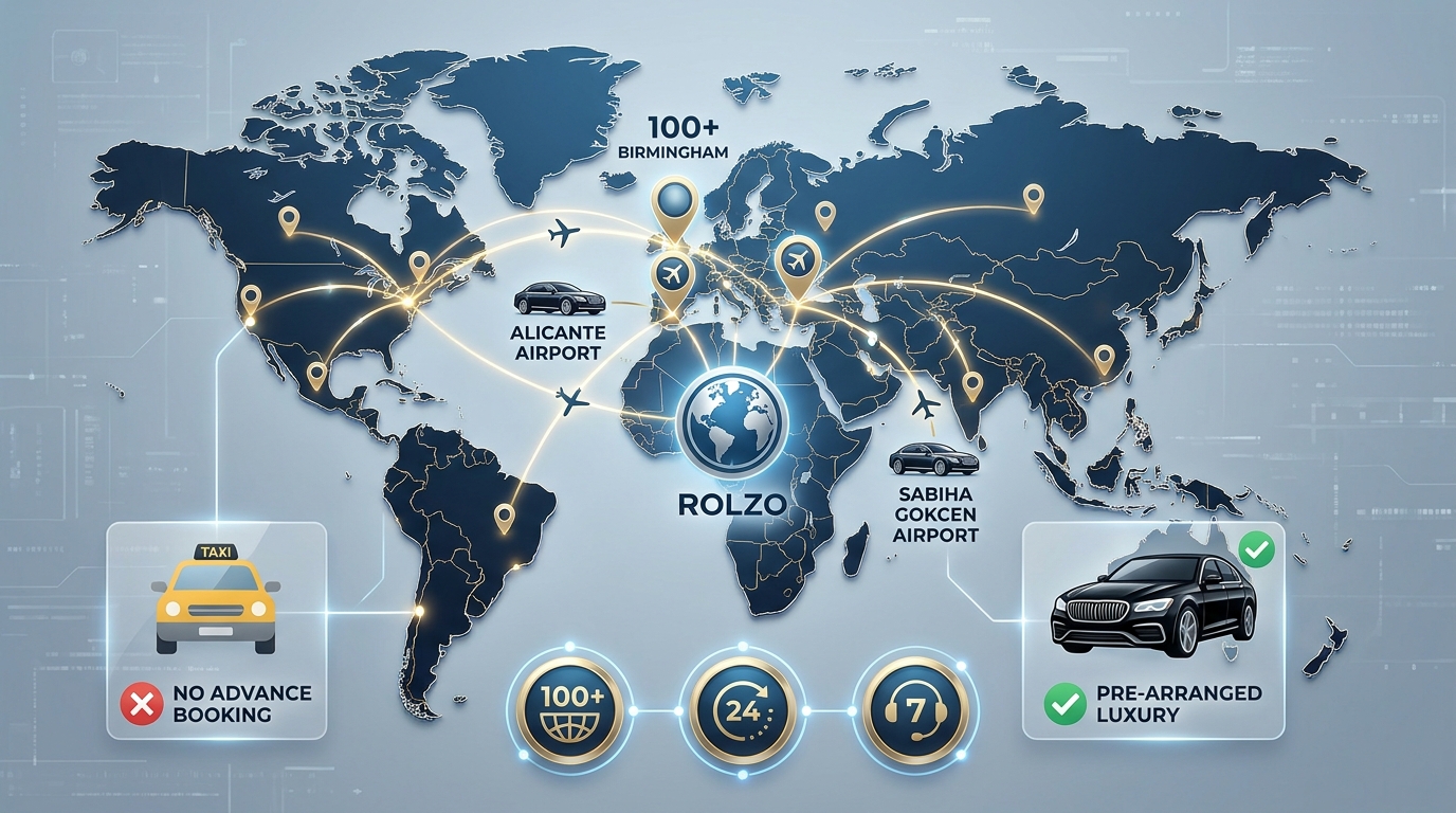 World map highlighting the 100+ countries where ROLZO operates, with markers on key locations mentioned such as Birmingham, Alicante Airport (Spain), and Sabiha Gokcen Airport (Turkey)