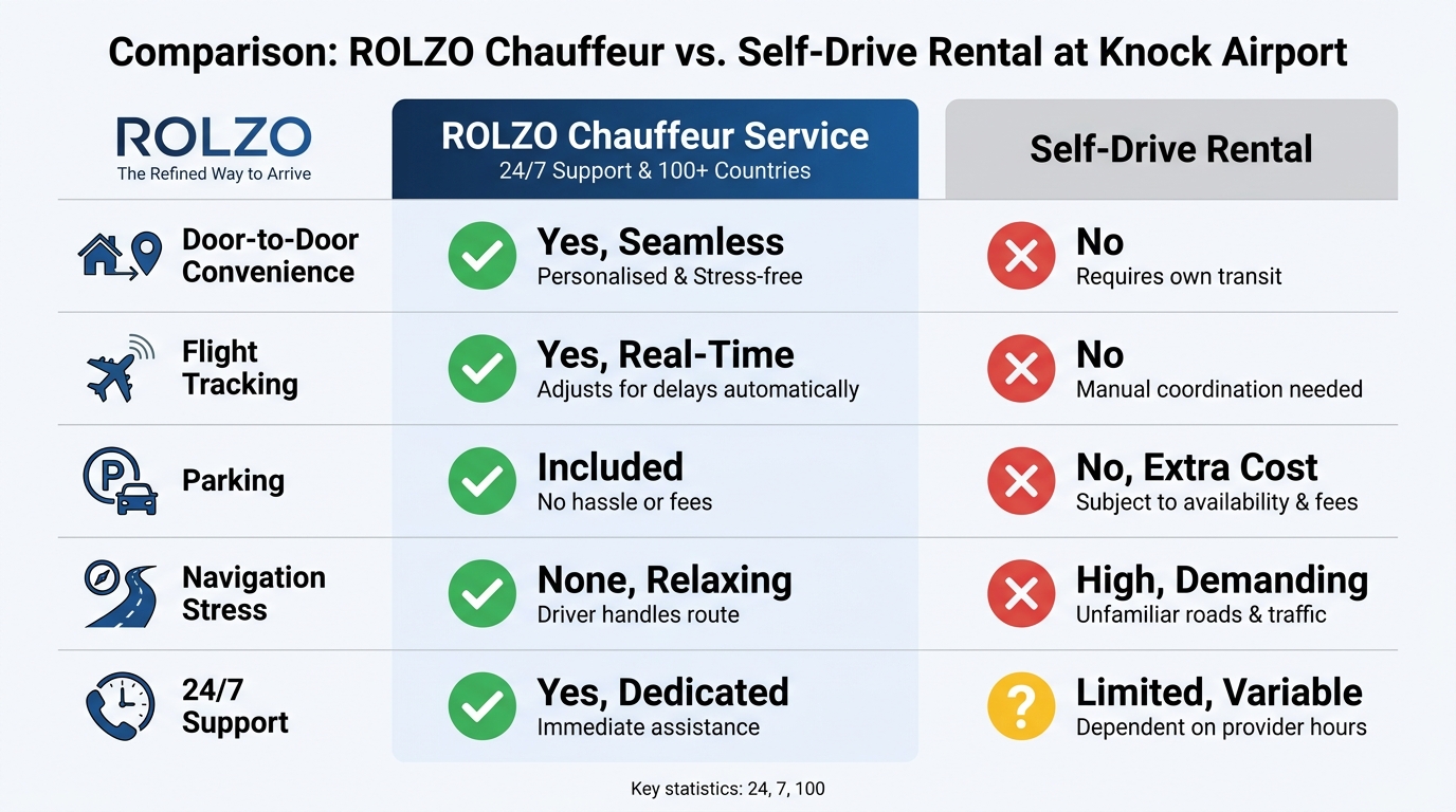 Comparison table/chart contrasting ROLZO Chauffeur Service vs. Self-Drive Rental across features like door-to-door convenience, flight tracking, parking, navigation stress, and 24/7 support