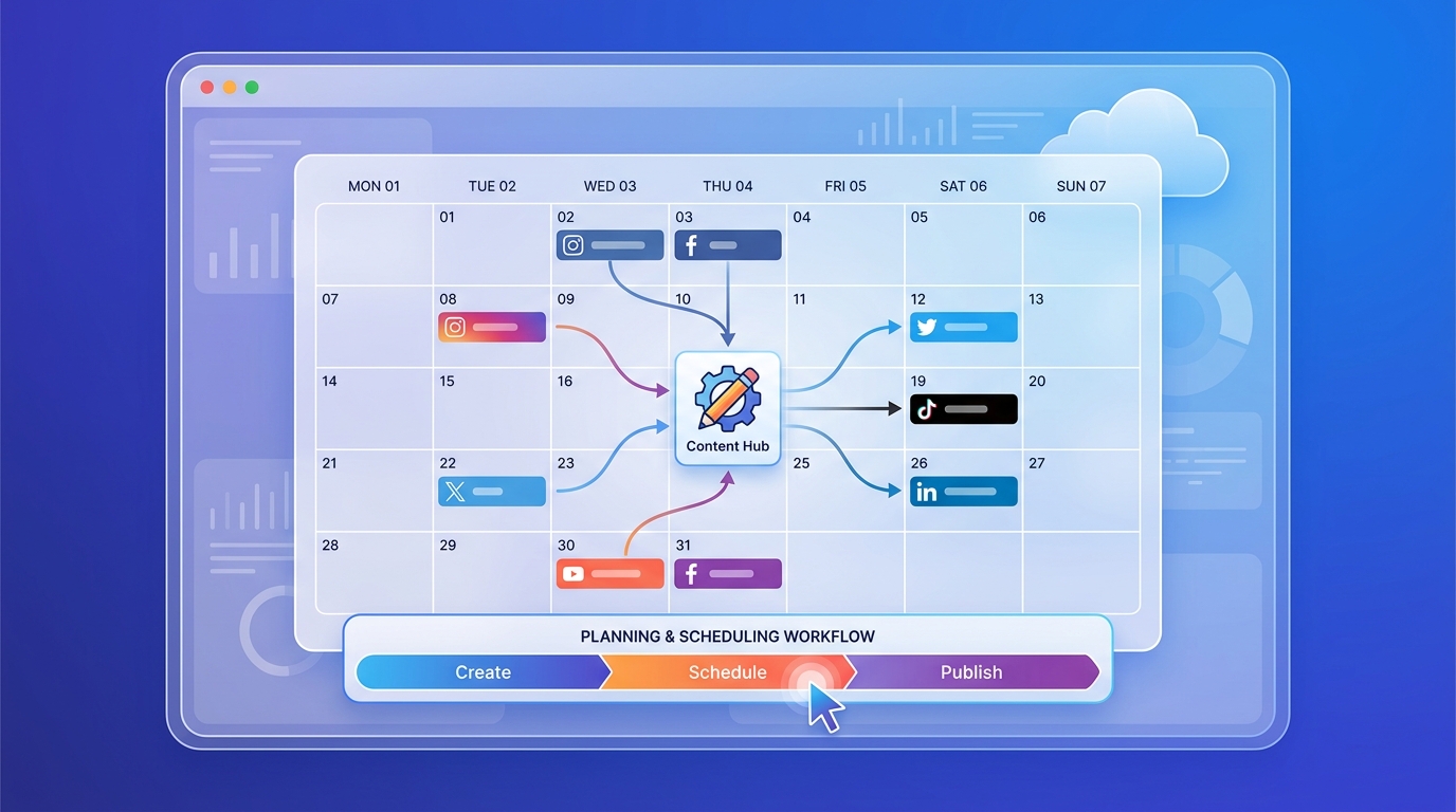 Sample content calendar diagram showing a weekly/monthly grid with scheduled posts across different platforms, illustrating the planning and scheduling workflow