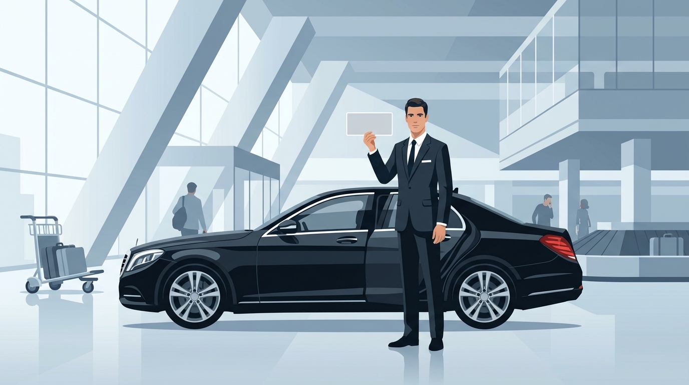 A professional chauffeur in a dark suit performing a VIP Meet & Greet at an airport arrivals hall, holding a name sign beside a luxury black Mercedes-Benz S-Class. This visually reinforces the premium door-to-door experience described in the intro.