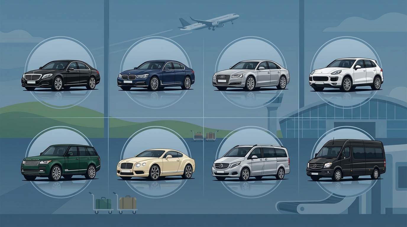 Grid showcasing the diverse ROLZO fleet, including luxury brands (Mercedes-Benz, BMW, Audi, Porsche, Range Rover, Bentley) and group vehicles (V-Class, Sprinter)