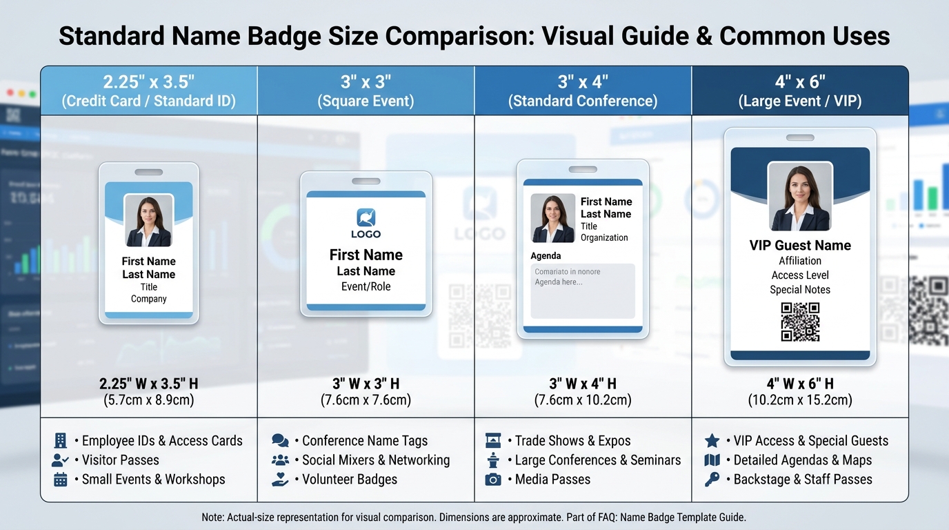 Visual comparison chart showing the four standard name badge sizes (3x4, 2.25x3.5, 3x3, 4x6) with actual-size representations and their common use cases