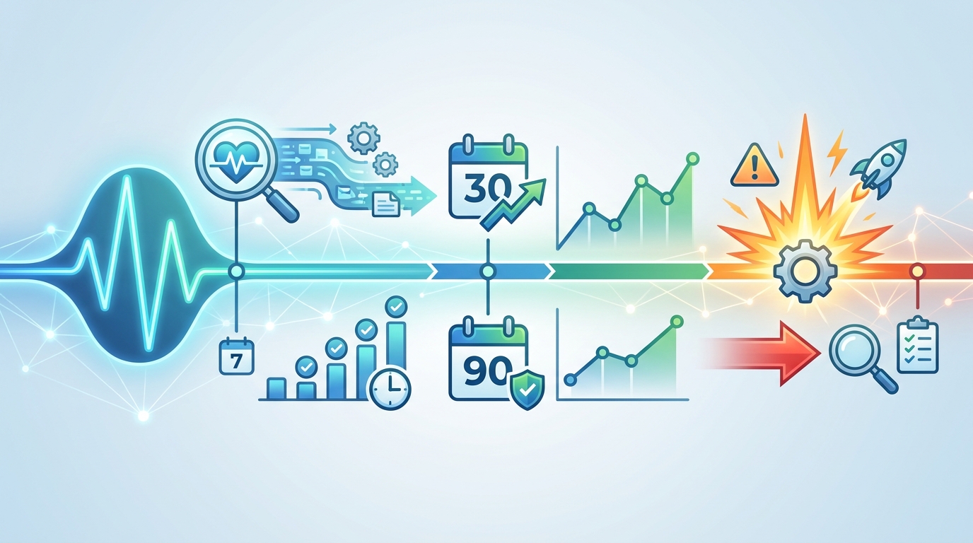 Timeline infographic showing recommended SEO audit frequency: continuous monitoring (real-time), weekly checks (critical metrics), monthly audits (active growth), quarterly audits (established sites), and immediate audits (after major changes)