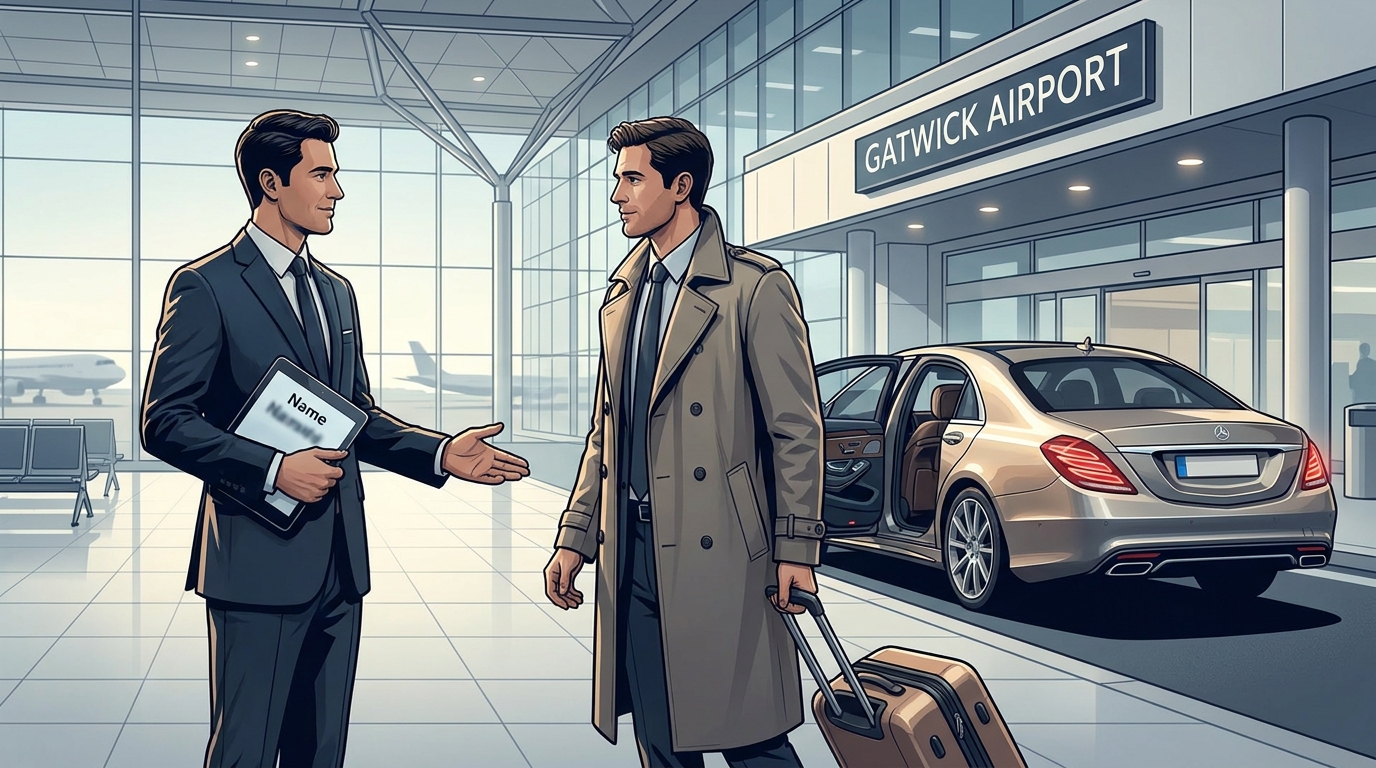 Hero image showing a professional chauffeur greeting a traveller in the Gatwick arrivals hall with a luxury vehicle (Mercedes-Benz S-Class) in the background, conveying the premium meet-and-greet experience