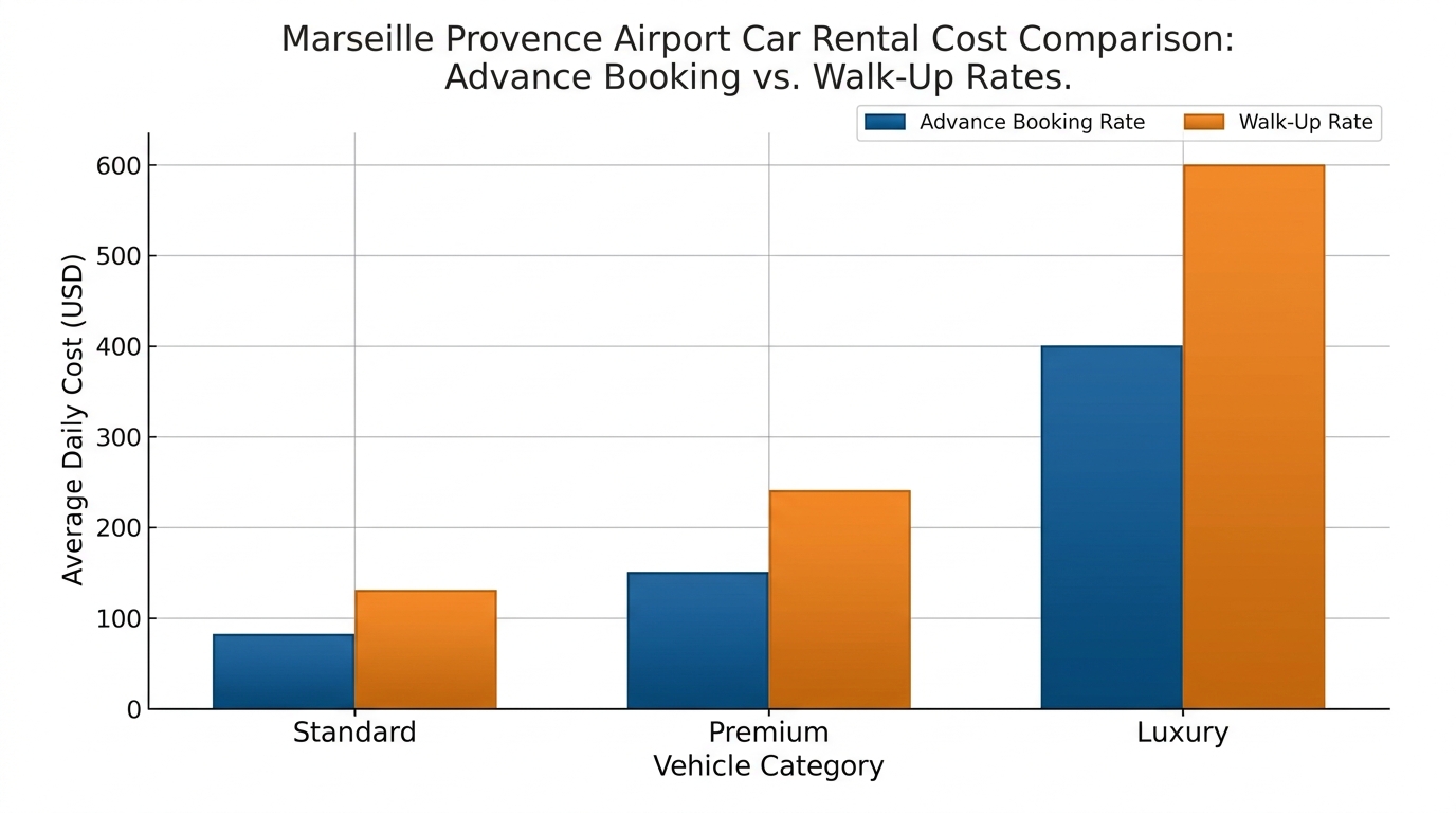 Bar chart comparing advance booking savings (20-40% discount) versus walk-up rates, showing cost differences across standard, premium, and luxury vehicle categories