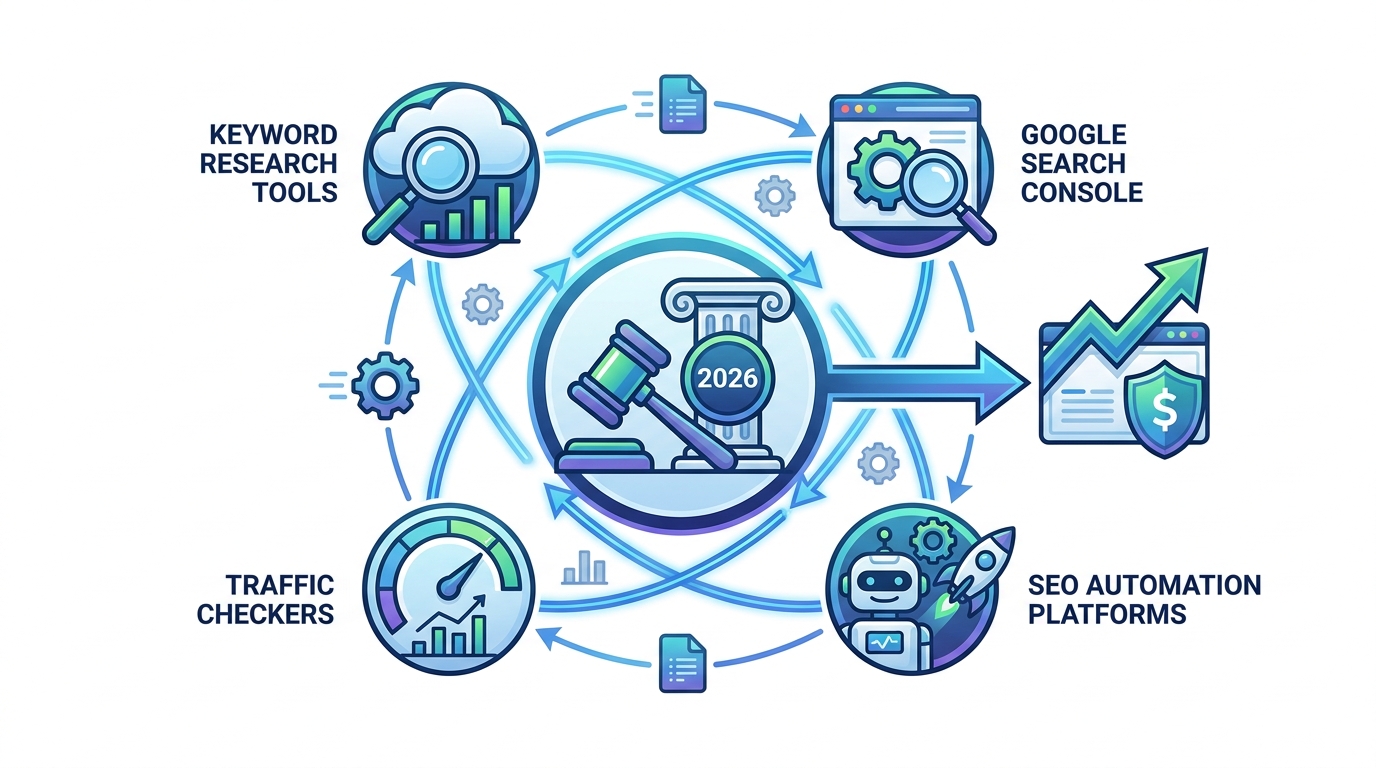 Visual diagram showing the lawyer SEO toolkit ecosystem with icons representing Google Search Console, keyword research tools, traffic checkers, and SEO automation platforms, connected to show how they work together