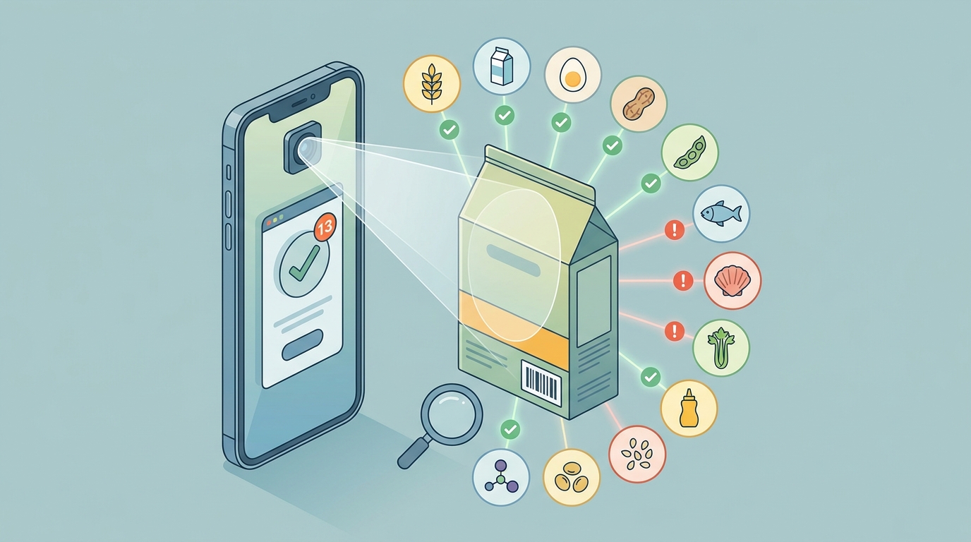 Visual diagram showing smartphone scanning a product barcode with icons representing the 13 different allergen categories being detected (gluten, dairy, eggs, etc.), with checkmarks and warning symbols