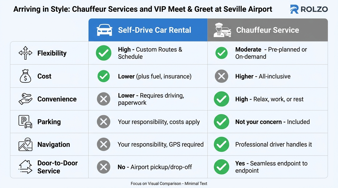 Comparison table contrasting self-drive car rental vs chauffeur service across factors like flexibility, cost, convenience, parking, navigation, and door-to-door service