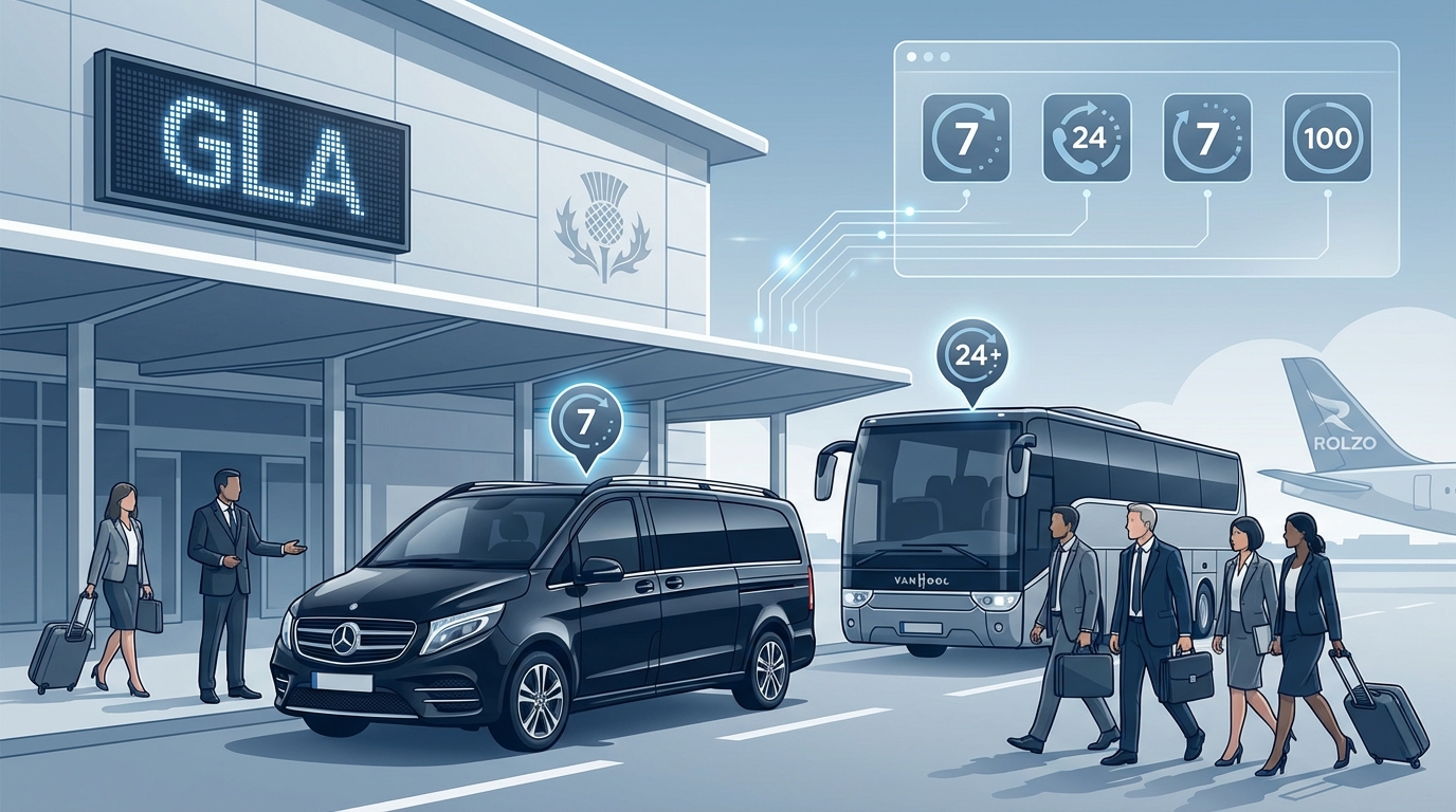 Image showing executive group transportation options including Mercedes-Benz Sprinter/V-Class and luxury coaches with passenger capacity indicators