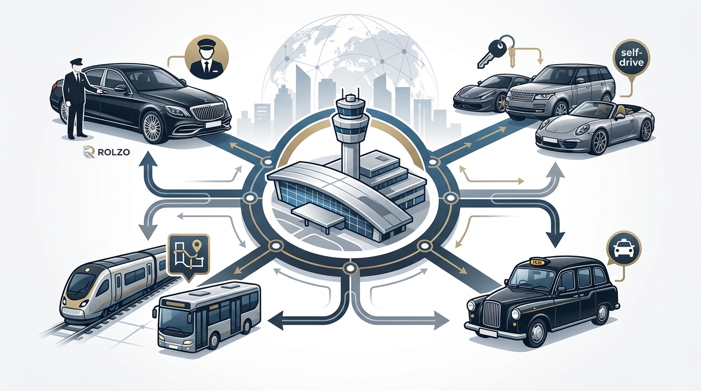 Visual diagram showing the different ground transportation options at Manchester Airport with icons for chauffeur services, car rentals, taxis, and public transport, arranged in a clean infographic style