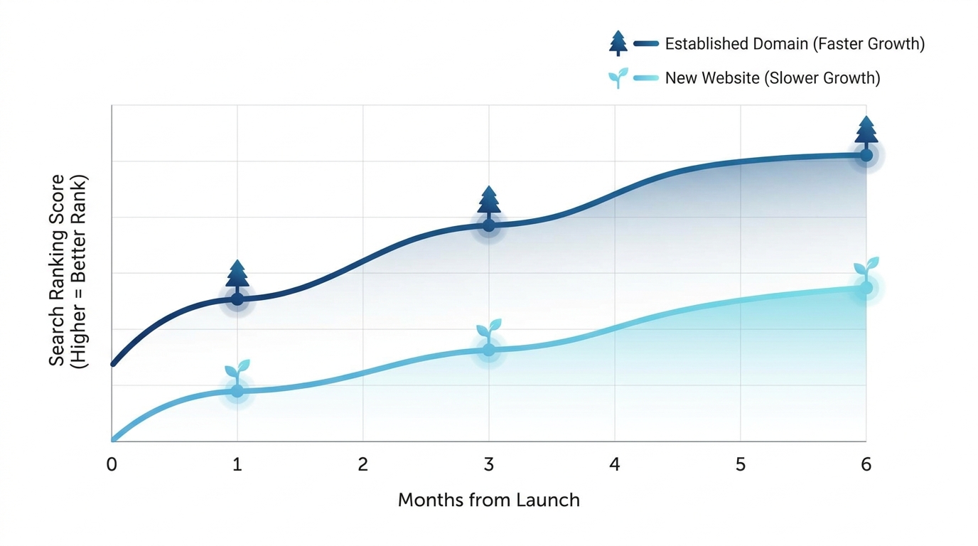 Timeline infographic showing landing page ranking progression from 0-6 months, with milestones for new websites vs established domains