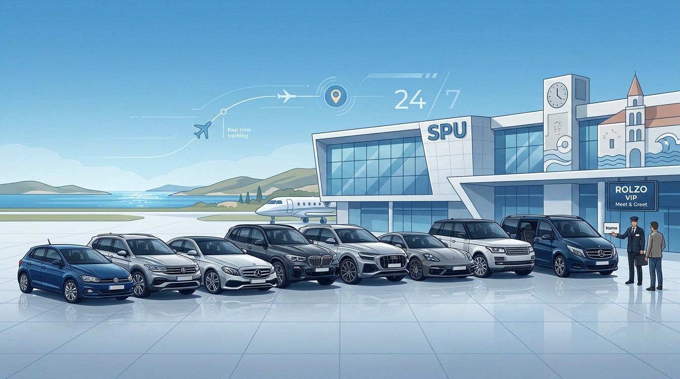 Visual lineup of the ROLZO fleet showing vehicle categories from economy hatchbacks and family SUVs to luxury models (Mercedes-Benz, BMW, Audi, Porsche, Range Rover) and the Mercedes-Benz V-Class for group travel