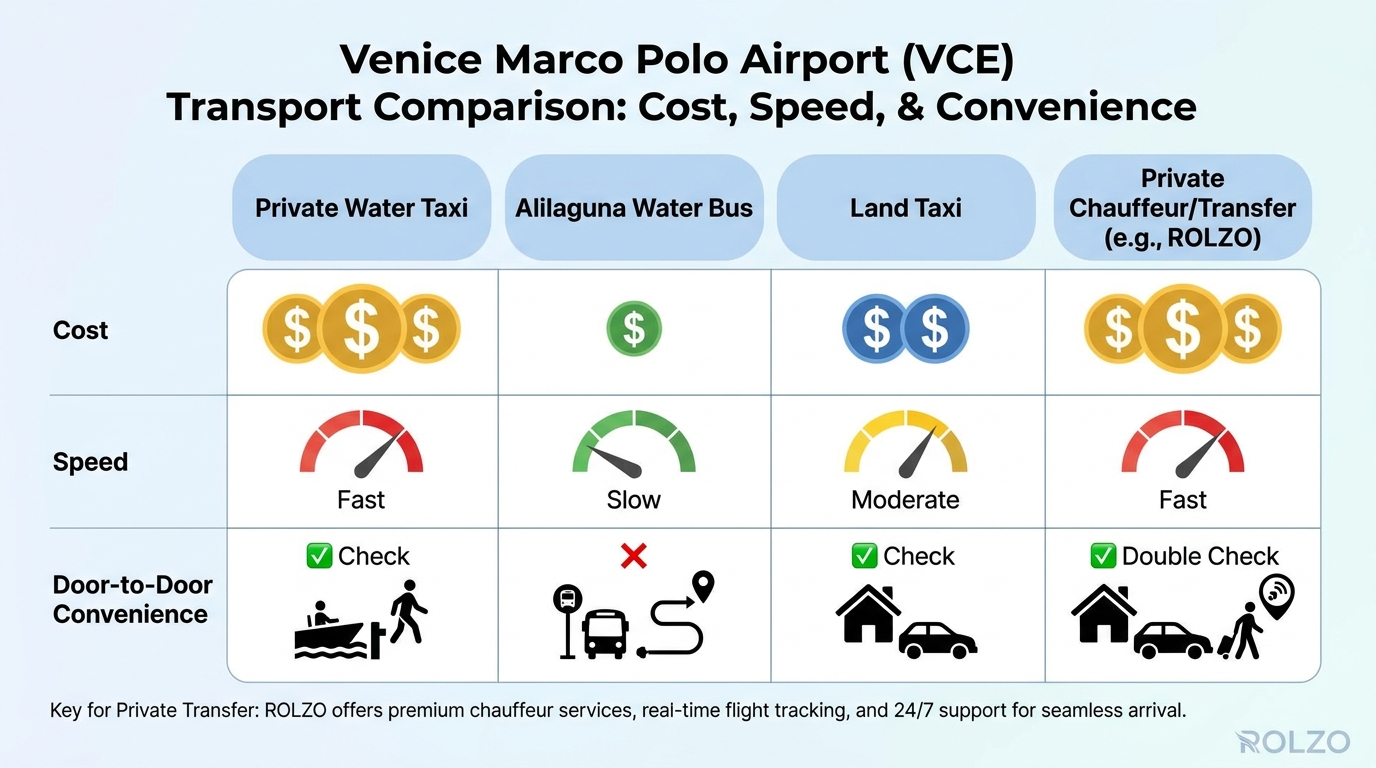 Comparison table of transport options from Venice Marco Polo Airport (water taxi, Alilaguna water bus, land taxi, private transfer/chauffeur) showing cost, speed, and door-to-door convenience