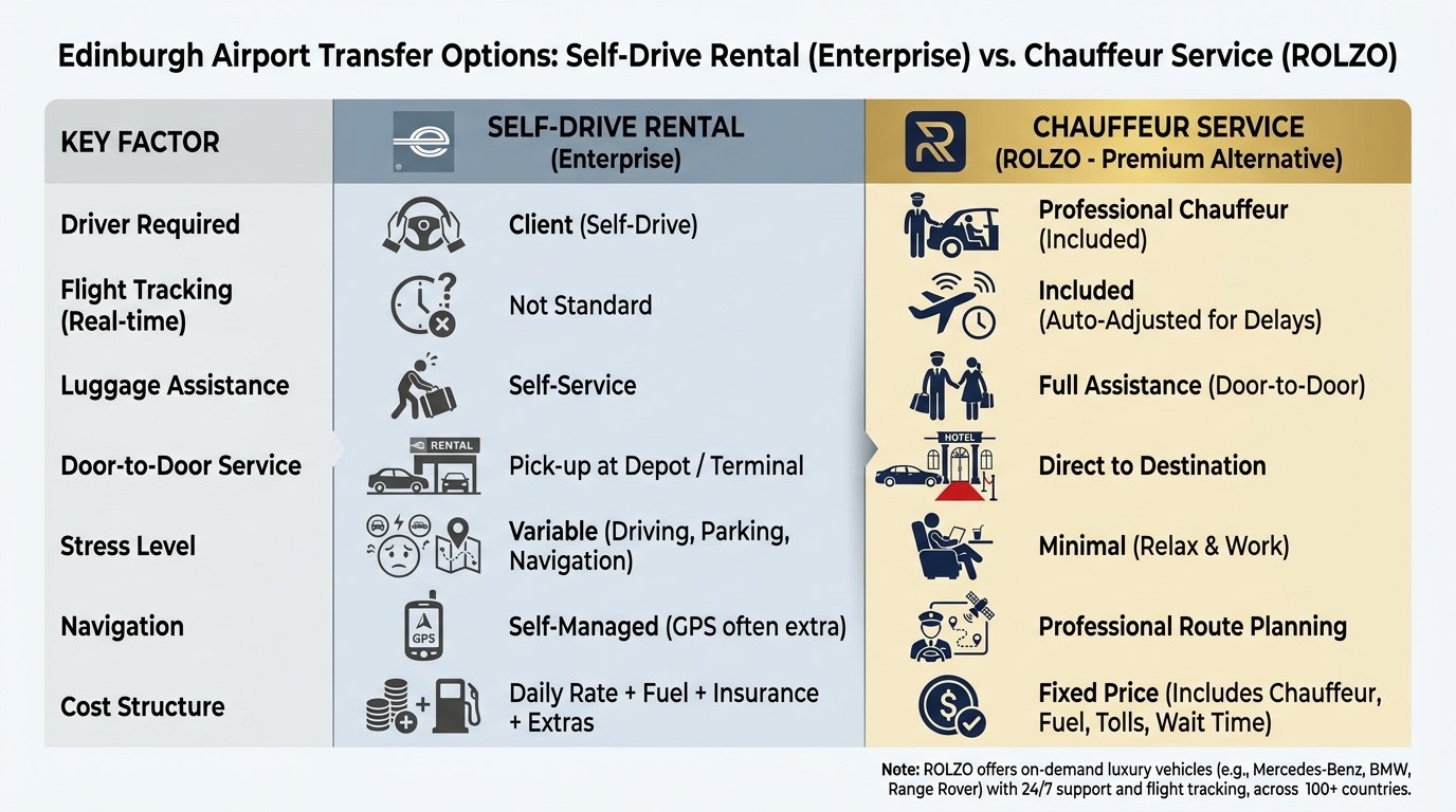 Side-by-side comparison table contrasting Self-Drive Rental vs. Chauffeur Service across key factors: driver required, flight tracking, luggage assistance, door-to-door service, stress level, navigation, and cost structure.
