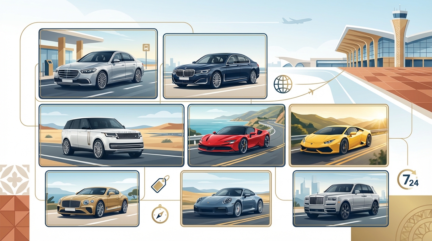 Visual showcase grid or collage featuring the luxury vehicle fleet mentioned: Mercedes-Benz S-Class, BMW 7 Series, Range Rover, Ferrari, Lamborghini, and other premium brands