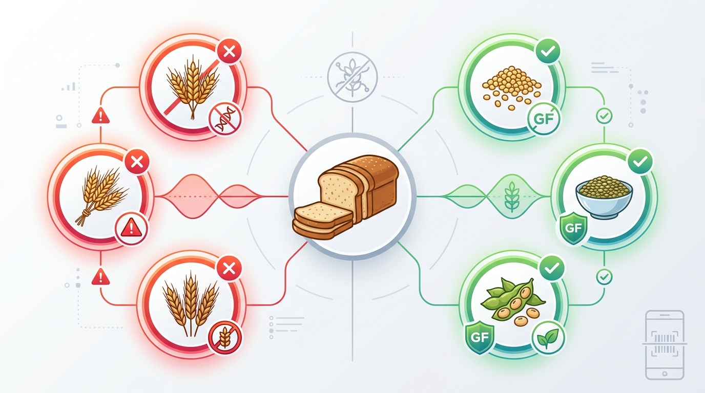Infographic showing the six ingredients of Ezekiel bread (wheat, barley, spelt, millet, lentils, soybeans) with visual indicators highlighting which three contain gluten (wheat, barley, spelt in red/warning color) and which three are naturally gluten-free (millet, lentils, soybeans in green)