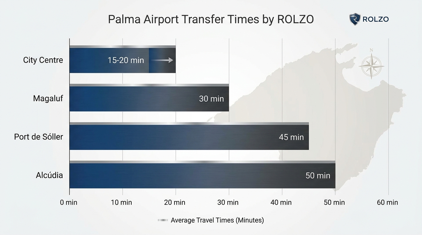 Horizontal bar chart comparing travel times from Palma Airport to key destinations: City Centre (15-20 min), Magaluf (30 min), Port de Sóller (45 min), Alcúdia (50 min)