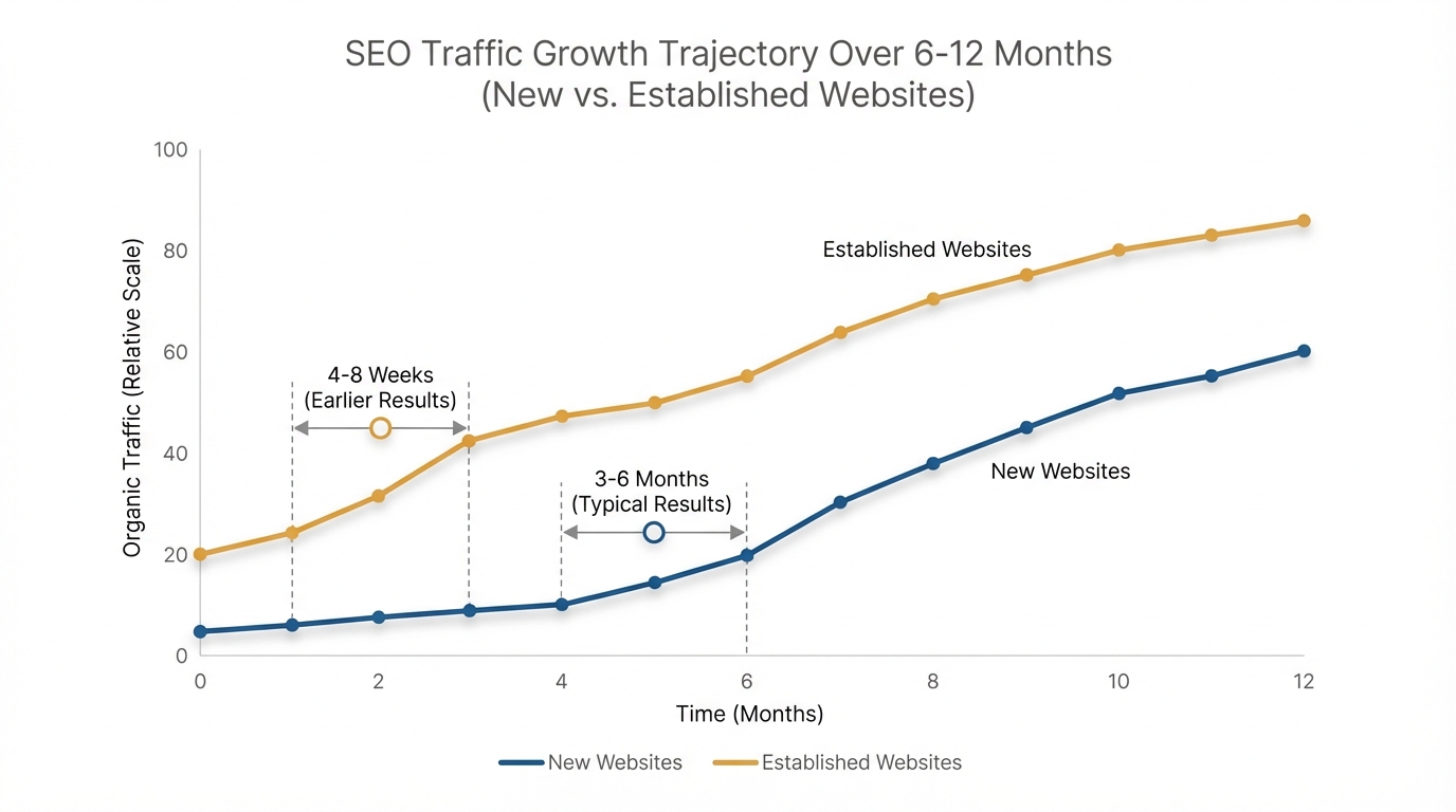 Timeline or line graph showing typical SEO traffic growth trajectory over 6-12 months, with markers at 4-8 weeks (established sites), 3-6 months (typical results), and noting the difference between new vs established websites