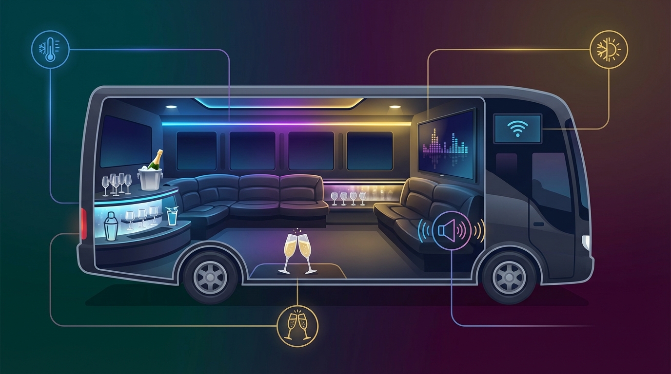 Infographic showing luxury party bus amenities with icons: premium sound systems, LED lighting, leather seating, climate control, bars, entertainment screens, Wi-Fi, and champagne service