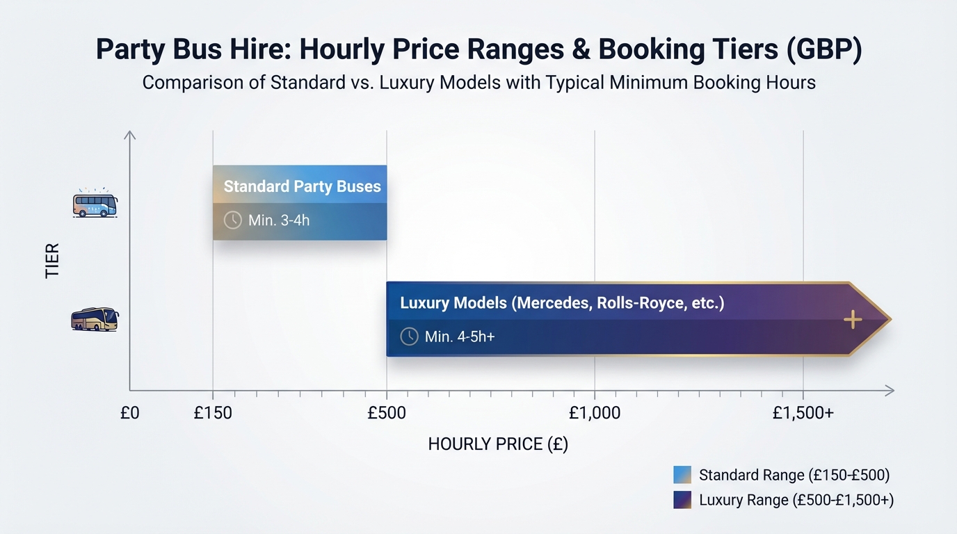 Price range comparison chart showing cost tiers: Standard party buses (£150-£500/hour) vs Luxury models (£500-£1,500+/hour), with typical minimum booking hours indicated