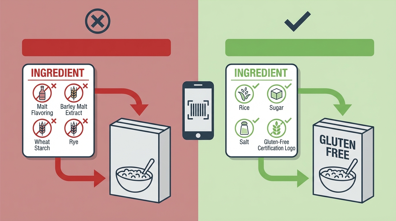 Visual checklist or ingredient label diagram highlighting problematic ingredients in red (malt flavoring, barley malt extract, wheat starch, wheat flour, rye) and safe alternatives in green