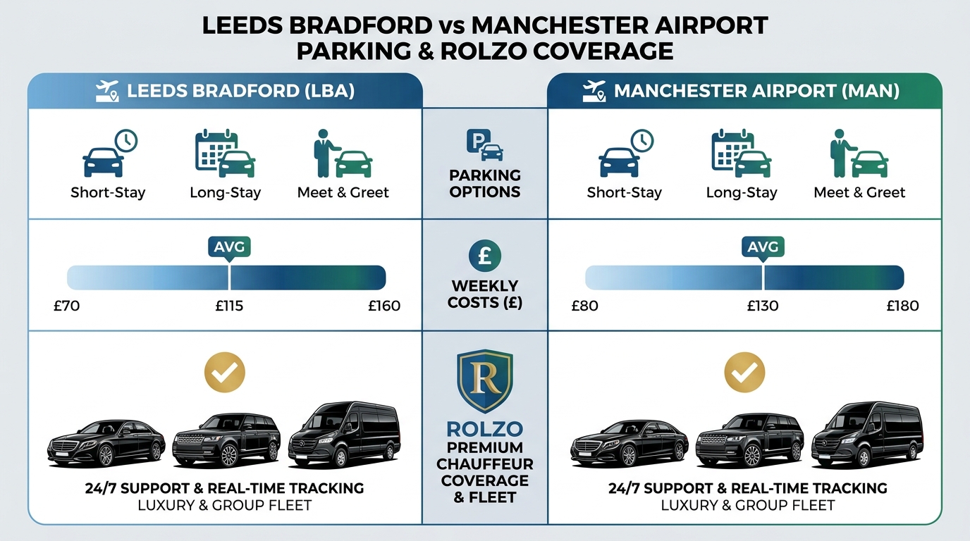 Comparison infographic showing Leeds Bradford vs Manchester airport parking options, costs (£70-180 weekly), and ROLZO coverage for both locations with vehicle fleet icons