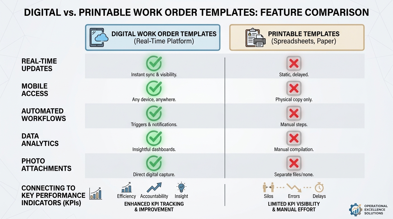 Visual comparison showing digital work order templates vs printable templates with feature checkmarks (real-time updates, mobile access, automated workflows, data analytics, photo attachments)