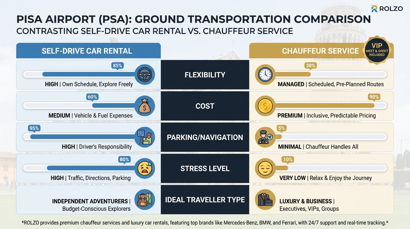 Comparison table contrasting self-drive car rental vs. chauffeur service across factors like flexibility, cost, parking/navigation, stress level, and ideal traveller type