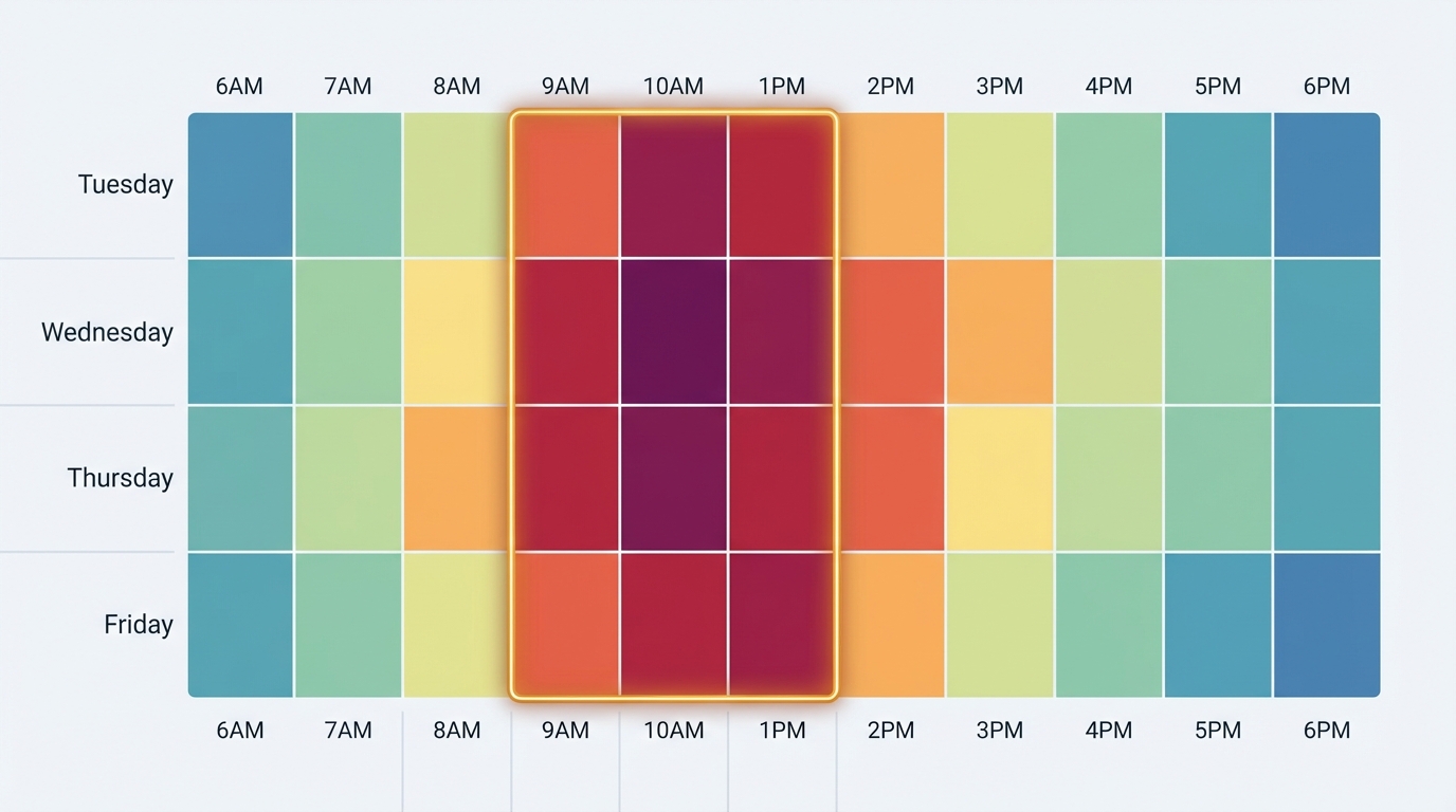 Heat map or bar chart showing optimal Instagram posting times by day of week (Tuesday-Friday highlighted, with 9 AM-1 PM peak hours marked)