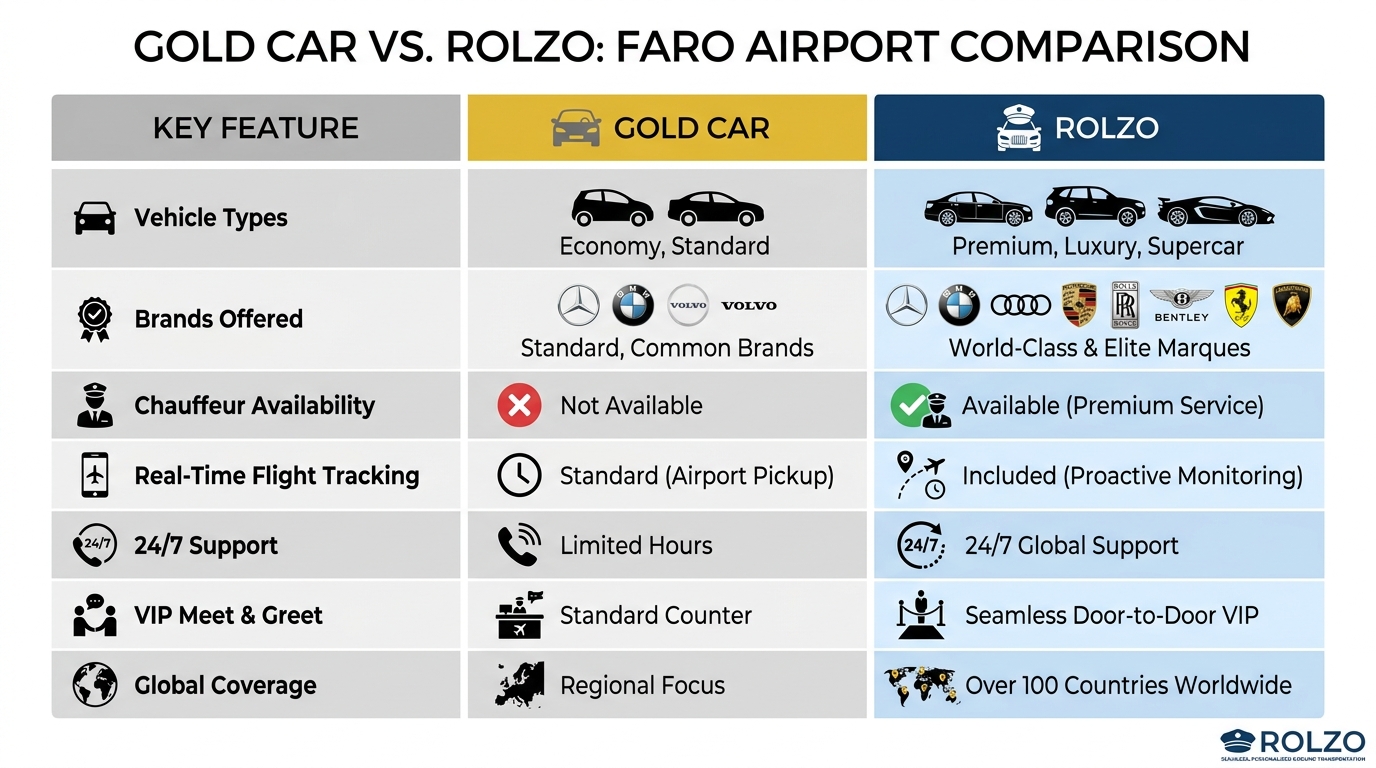Side-by-side comparison table contrasting Gold Car vs ROLZO across key features: vehicle types (economy vs luxury), brands offered, chauffeur availability, real-time flight tracking, 24/7 support, VIP Meet & Greet, and global coverage