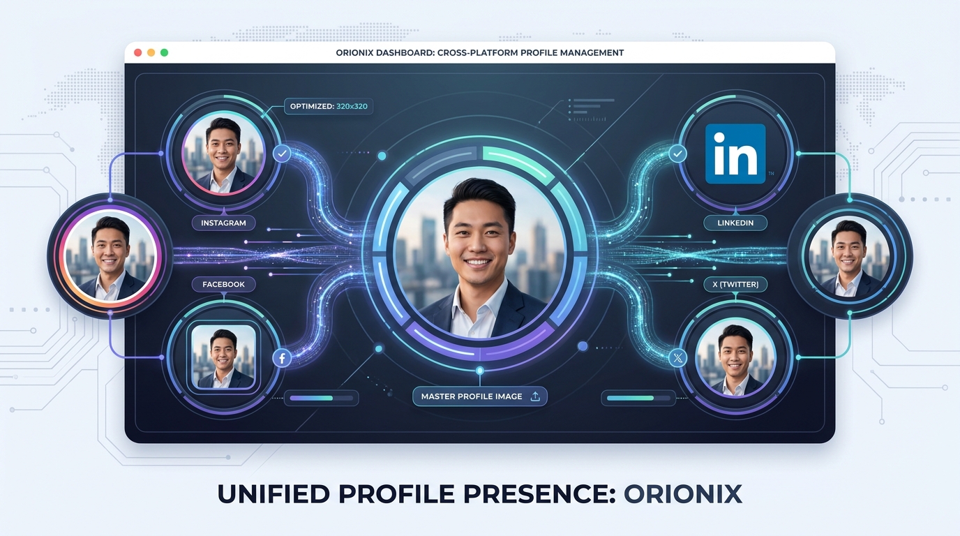 Diagram showing a single master profile image adapted consistently across multiple social platforms (Instagram, Facebook, LinkedIn, X) managed from one dashboard like Orionix