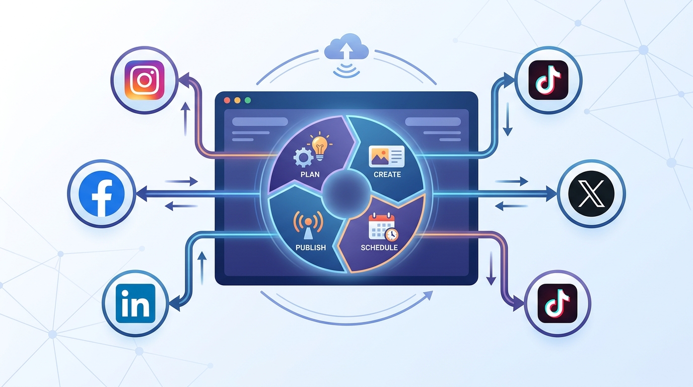 A diagram illustrating a centralized social media management dashboard connecting to multiple networks (Instagram, Facebook, LinkedIn, X/Twitter, TikTok), showing the workflow of planning, creating, scheduling, and publishing content from one place.