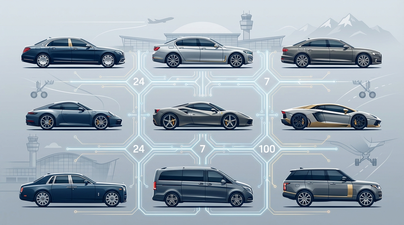 Visual showcase grid of luxury vehicle fleet including Mercedes-Benz S-Class/Maybach, BMW 7 Series, Audi A8, Porsche, Ferrari, Lamborghini, and Rolls-Royce
