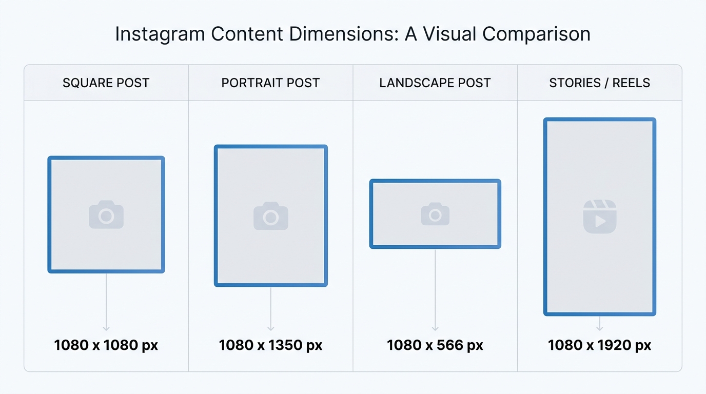 A visual comparison table/infographic showing Instagram content types (Square, Portrait, Landscape, Stories/Reels) with their recommended pixel dimensions (1080x1080, 1080x1350, 1080x566, 1080x1920) displayed as proportional frames.
