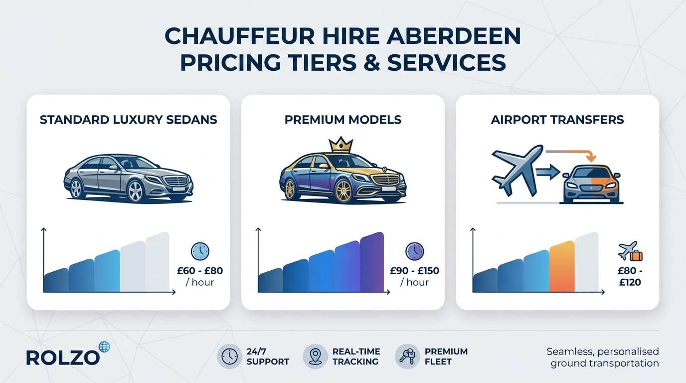 Comparison table or infographic showing pricing tiers: Standard luxury sedans (£60-80/hour), Premium models (£90-150/hour), and Airport transfers (£80-120), with visual icons for each service type