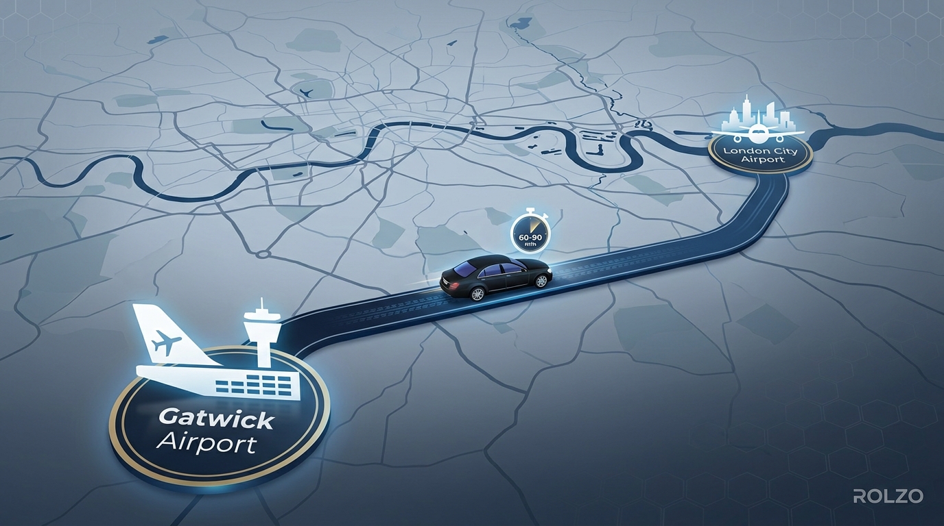 A map of London showing the geographic positions of Gatwick Airport (south) and London City Airport (east), with the typical chauffeur route highlighted between them