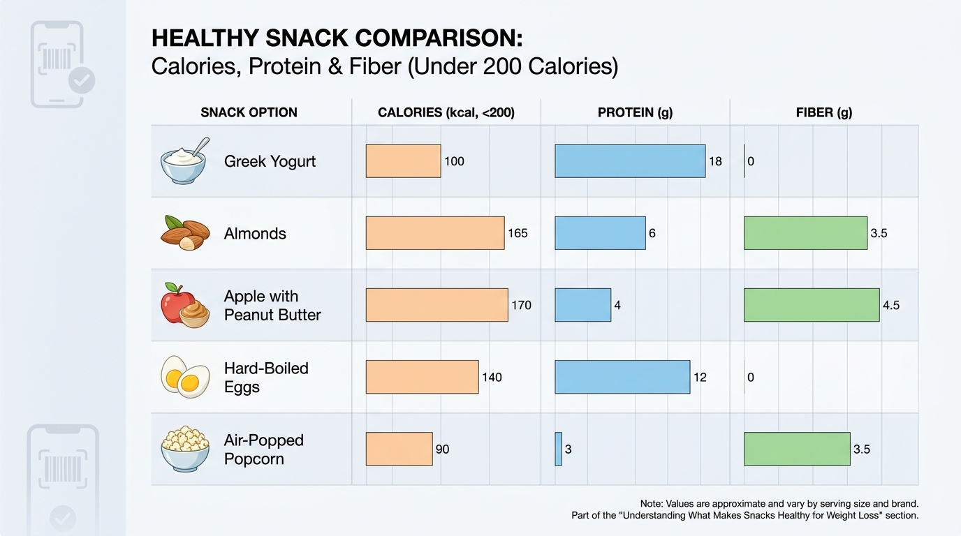 Comparison table showing calories, protein, and fiber content for each recommended snack (Greek yogurt, almonds, apple with peanut butter, hard-boiled eggs, air-popped popcorn) with all under 200 calories